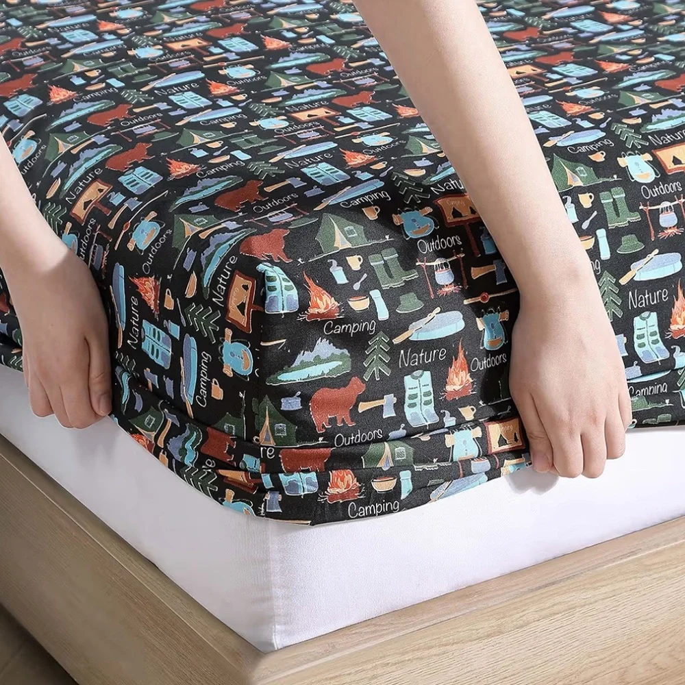 Kids Sheet Set-Campsite Retro Camp Print 3Pc. Set NAVY BLUE-TWIN